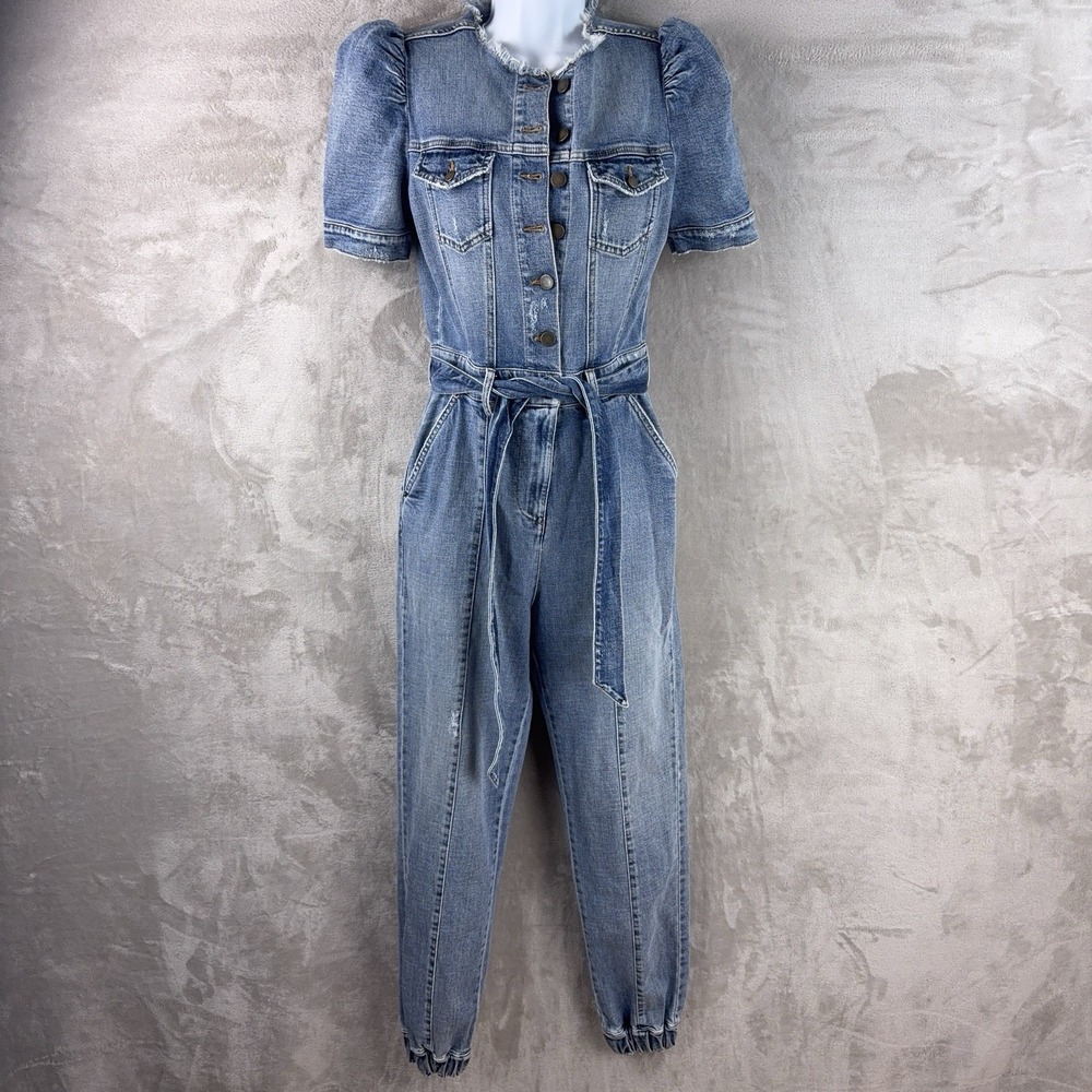 Retrofete Lia‎ Denim Belted Jumpsuit Womens Size Small Blue Button Front Jogger